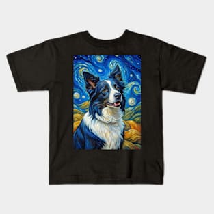 Border Collie Dog Breed Painting in a Van Gogh Starry Night Art Style Kids T-Shirt